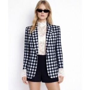 NEW Banana Republic Womens Navy Gingham Two Button Blazer Jacket Size 6